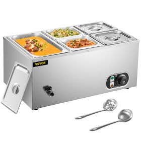 VEVOR 110V Commercial Food Warmer 1x1/3GN and 4x1/6GN, 5-Pan Stainless Steel Bain Marie 13.7 Quart Capacity,1500W Steam Table 15cm/6inch Deep